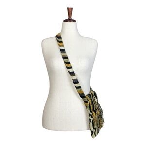 Striped Woven Knit Boho Crossbody Bag Gold Black Tan Shades Fringe Aztec Hippie